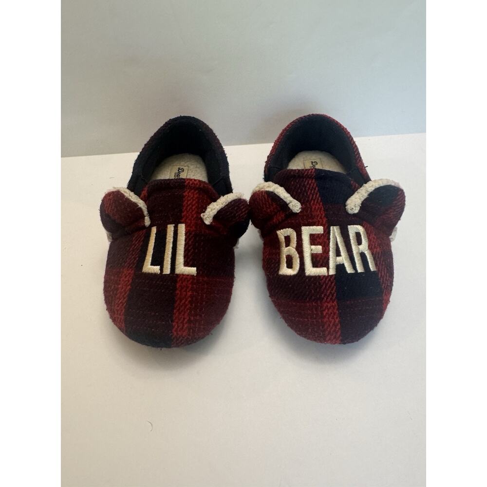Dearfoams Lil Bear Buffalo Plaid Slippers Kids Size 7-8 Red Black Cozy